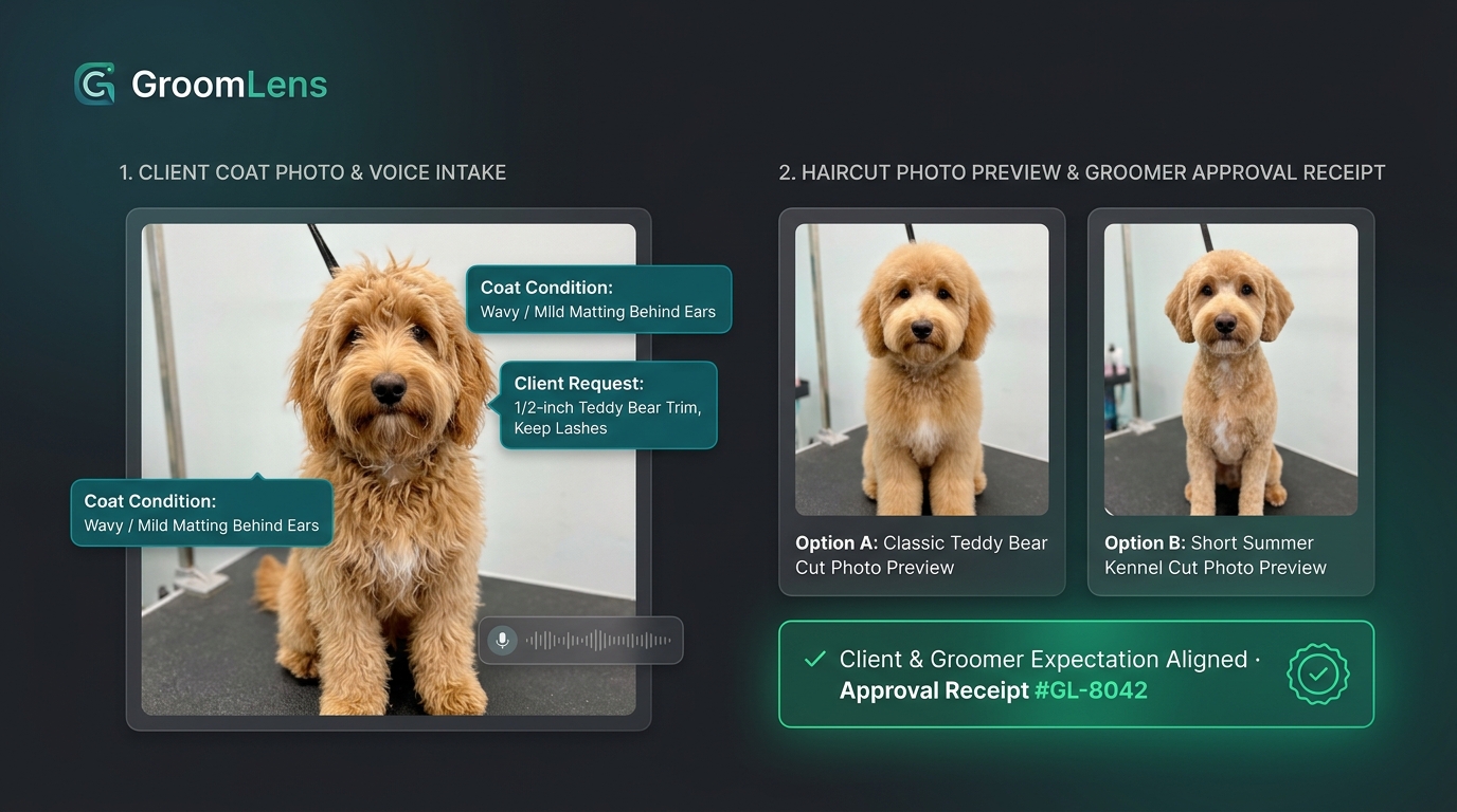 GroomLens Client Coat Photo Intake and Haircut Style Photo Preview Receipt